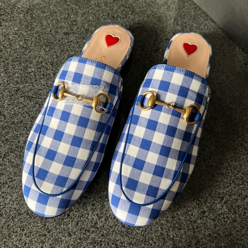 NWT Gucci Princetown Blue Gingham Loafers
